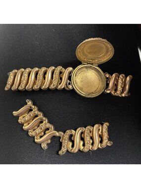 BROKEN VTG Round Locket Sweetheart Expansion Bracelet Gold-Tone Parts Repair